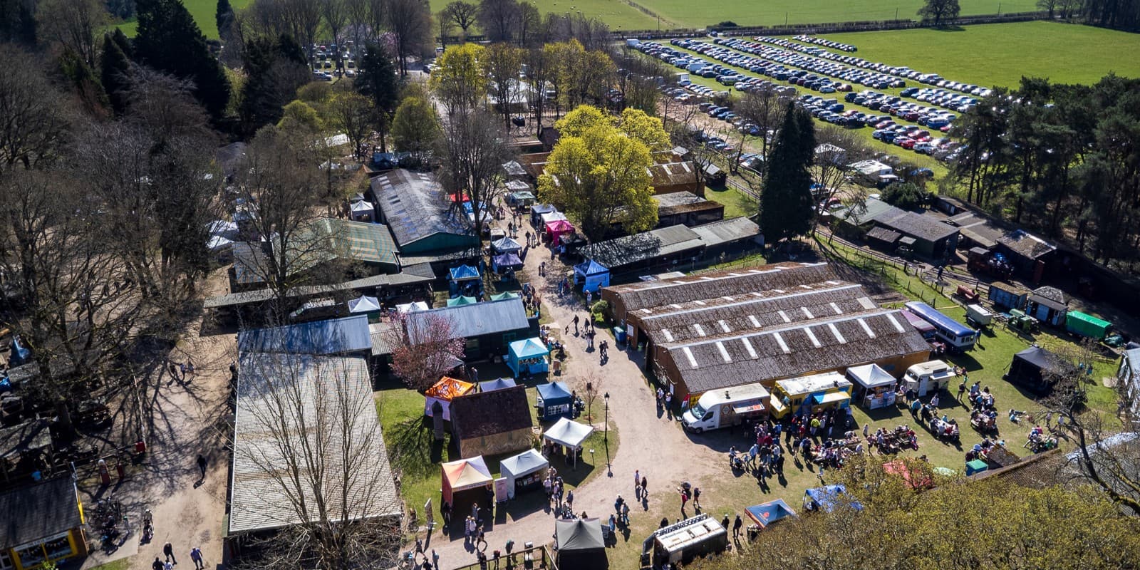 A photo of the Rural Life Living Museum from above, showing the buildings, fields and lots of visitors enjoying the site.